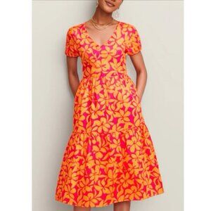 J. CREW womens 14 Boho Floral Tiered Midi Dress Puff Sleeve Tropical Pink Cotton